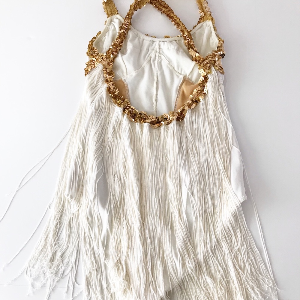Vintage Fringe Back Bodysuit Sequin White Lace S - Picture 5 of 10